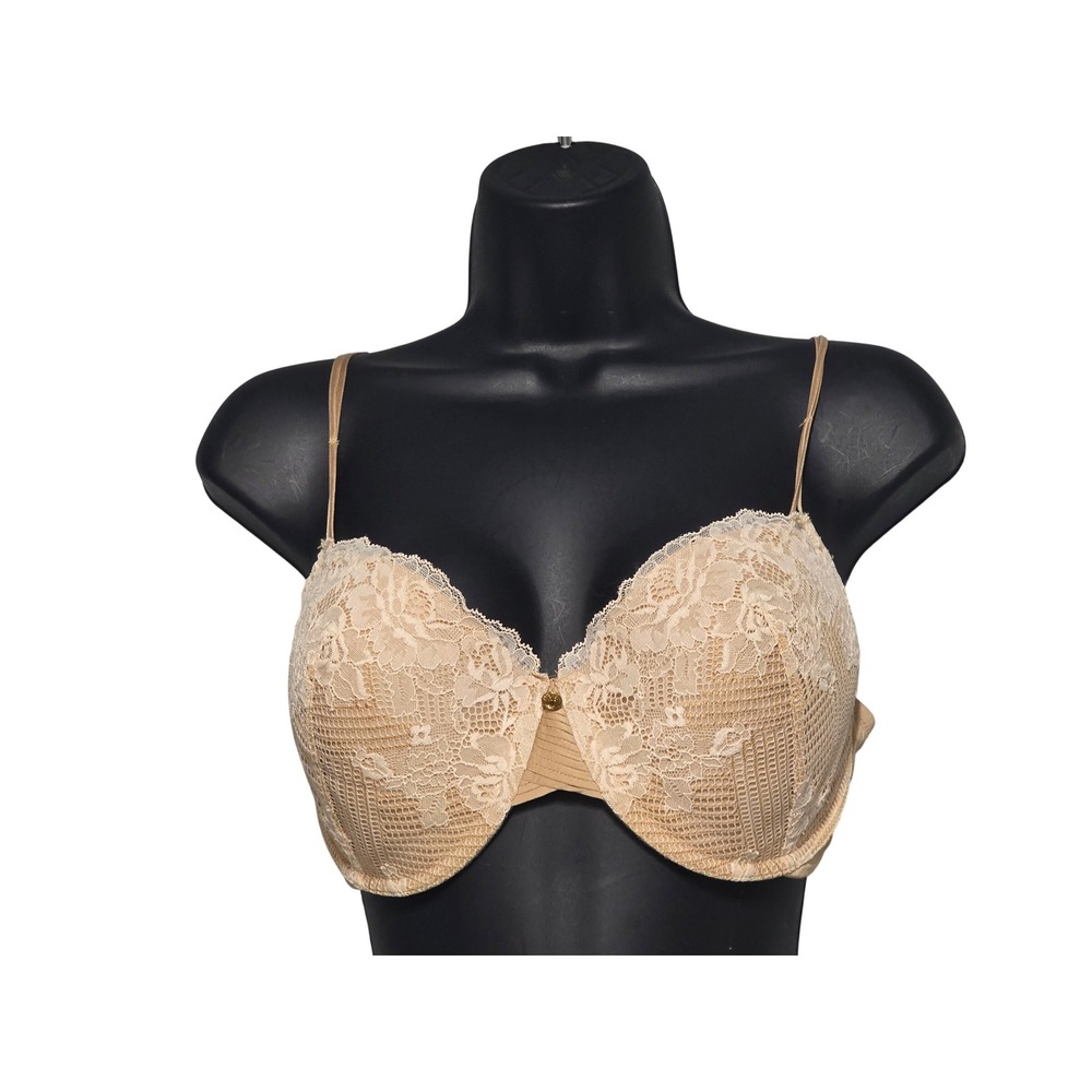 Natori Beige Floral Lace Mesh Underwire Demi Bra 36DD Nude Adjustable Straps